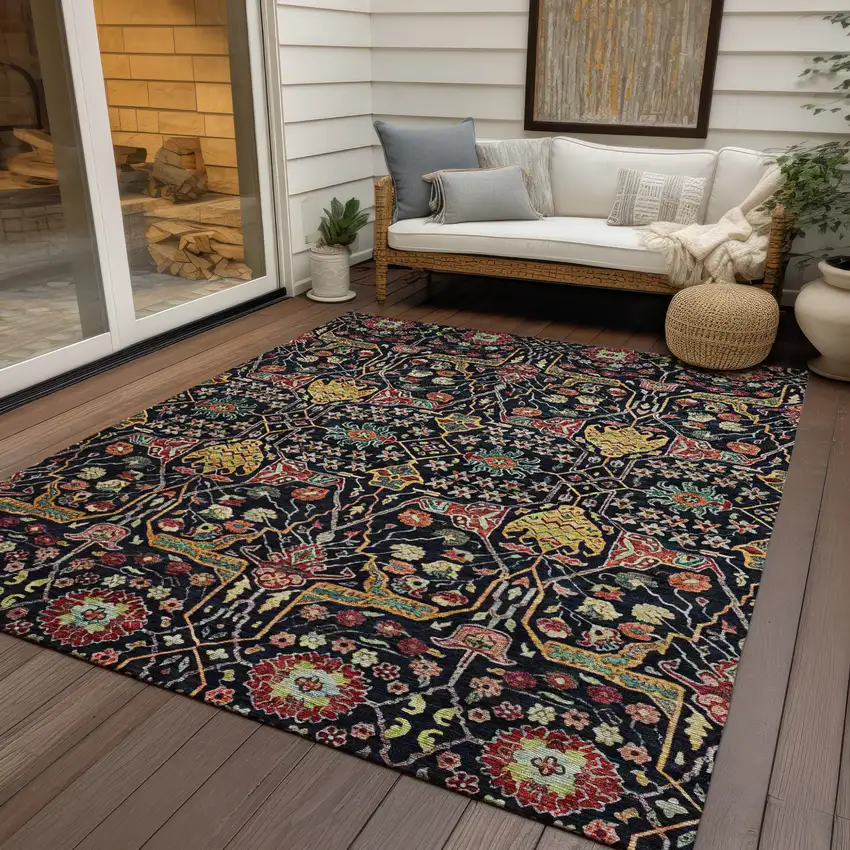 Black Red And Gold Floral Washable Indoor Outdoor Area Rug Photo 8