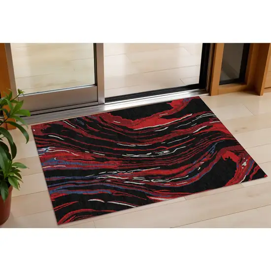 Black Red And Gray Abstract Washable Indoor Outdoor Area Rug Photo 1