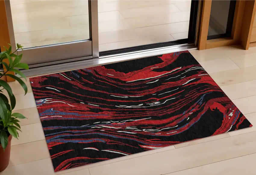 Black Red And Gray Abstract Washable Indoor Outdoor Area Rug Photo 1