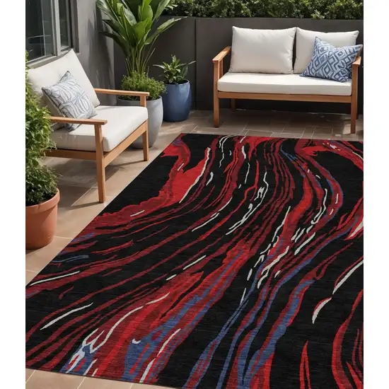 Black Red And Gray Abstract Washable Indoor Outdoor Area Rug Photo 1