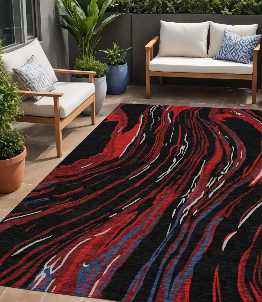 Black Red And Gray Abstract Washable Indoor Outdoor Area Rug Photo 1