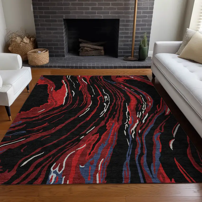 Black Red And Gray Abstract Washable Indoor Outdoor Area Rug Photo 9