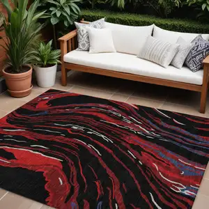 Photo of Black Red And Gray Abstract Washable Indoor Outdoor Area Rug