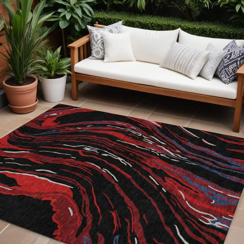 Black Red And Gray Abstract Washable Indoor Outdoor Area Rug Photo 1