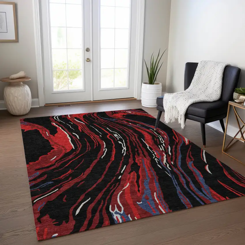 Black Red And Gray Abstract Washable Indoor Outdoor Area Rug Photo 9