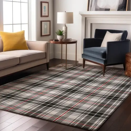 Black Red And Ivory Plaid Washable Area Rug With UV Protection Photo 4