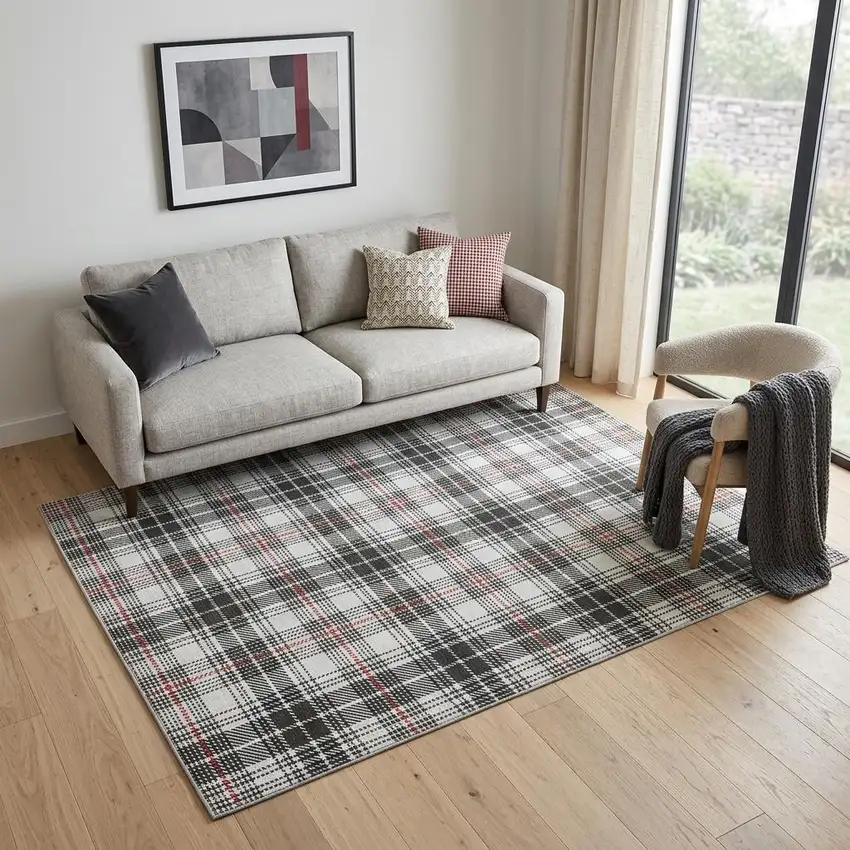 Black Red And Ivory Plaid Washable Area Rug With UV Protection Photo 1