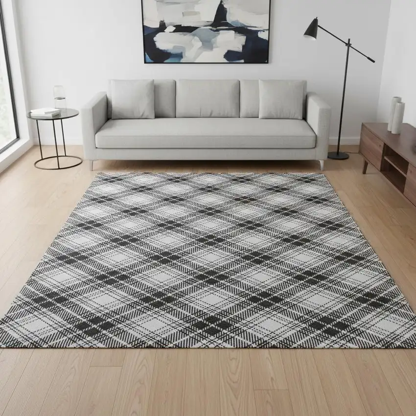 Black Red And Ivory Plaid Washable Area Rug With UV Protection Photo 2