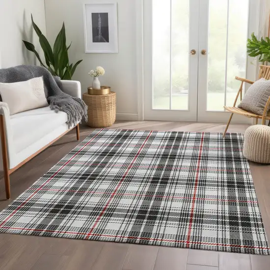 Black Red And Ivory Plaid Washable Area Rug With UV Protection Photo 5