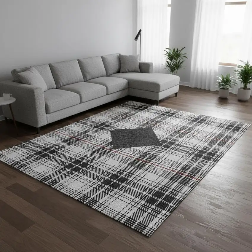 Black Red And Ivory Plaid Washable Area Rug With UV Protection Photo 2