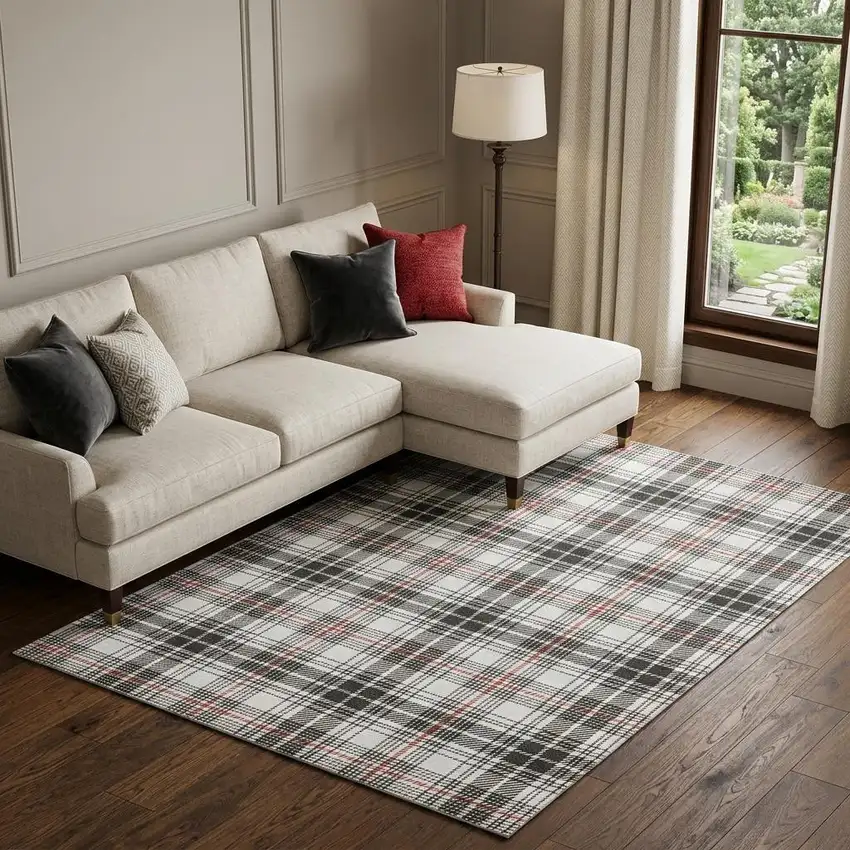 Black Red And Ivory Plaid Washable Area Rug With UV Protection Photo 1
