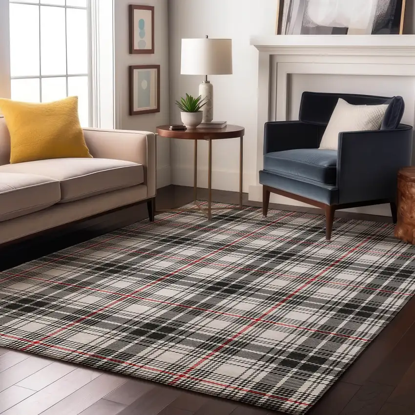 Black Red And Ivory Plaid Washable Area Rug With UV Protection Photo 4