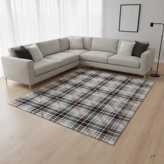 Black Red And Ivory Plaid Washable Area Rug With UV Protection Photo 2