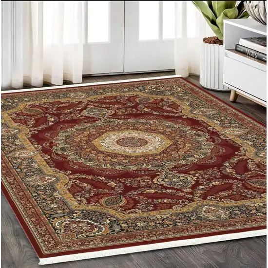 Black Red And Tan Medallion Area Rug With Fringe Photo 1
