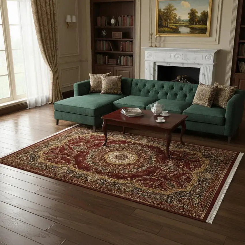 Black Red And Tan Medallion Area Rug With Fringe Photo 1