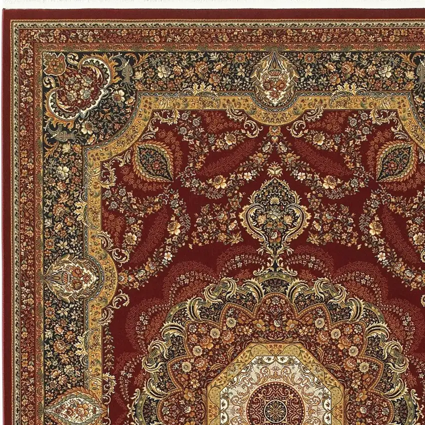 Black Red And Tan Medallion Area Rug With Fringe Photo 3