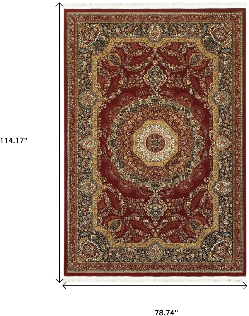 Black Red And Tan Medallion Area Rug With Fringe Photo 7