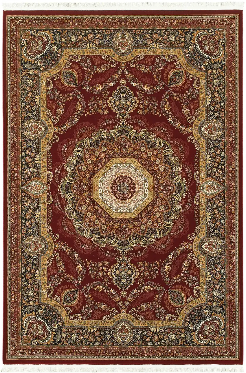 Black Red And Tan Medallion Area Rug With Fringe Photo 2