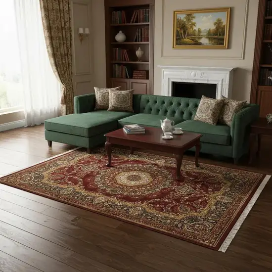 Black Red And Tan Medallion Area Rug With Fringe Photo 1