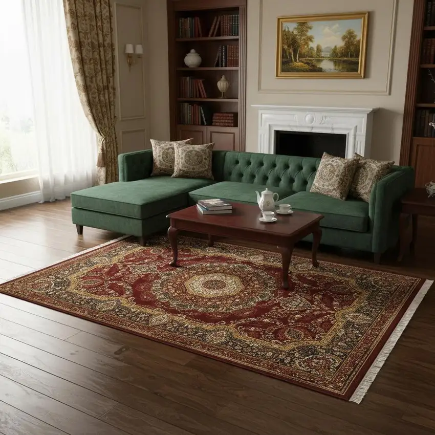 Black Red And Tan Medallion Area Rug With Fringe Photo 1