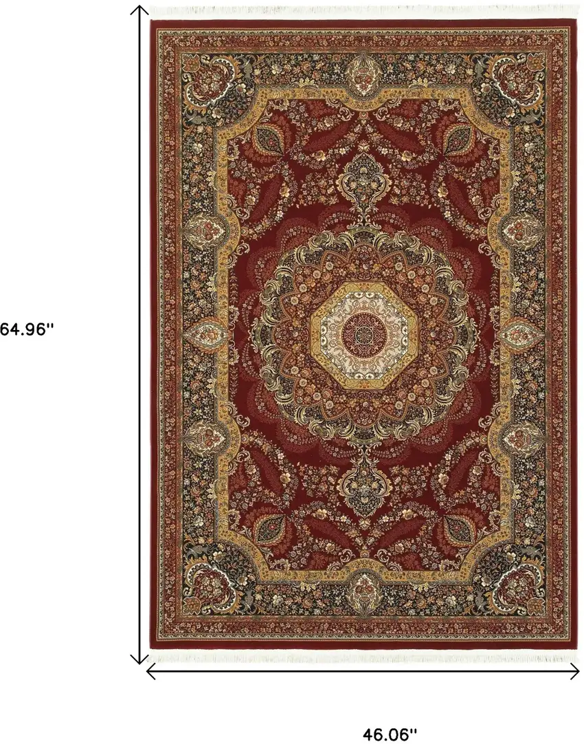 Black Red And Tan Medallion Area Rug With Fringe Photo 3