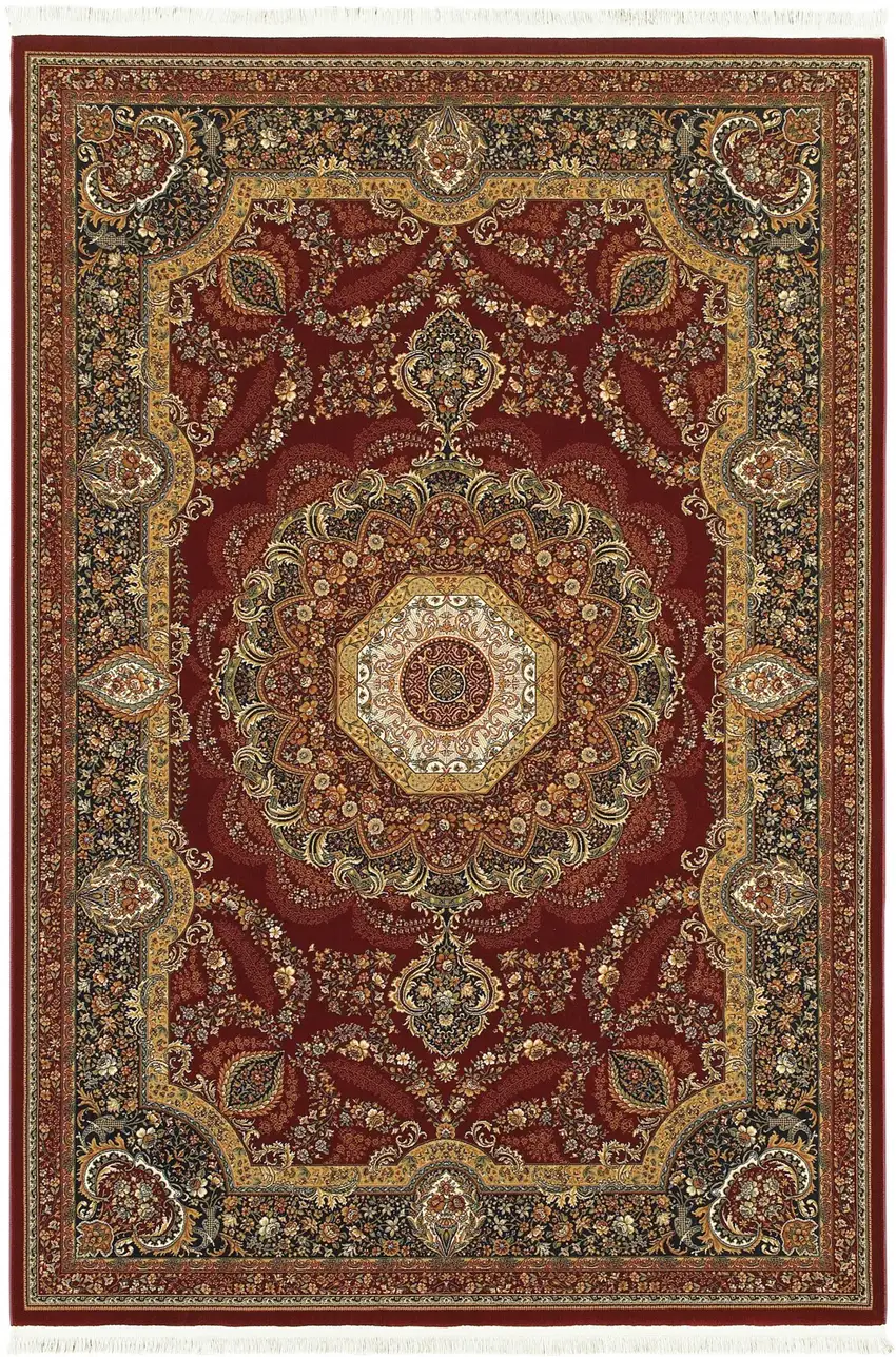 Black Red And Tan Medallion Area Rug With Fringe Photo 5