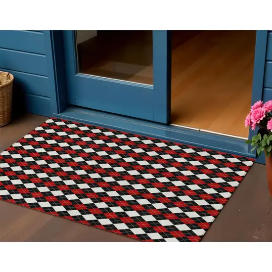 Black Red And White Argyle Washable Indoor Outdoor Area Rug Photo 2