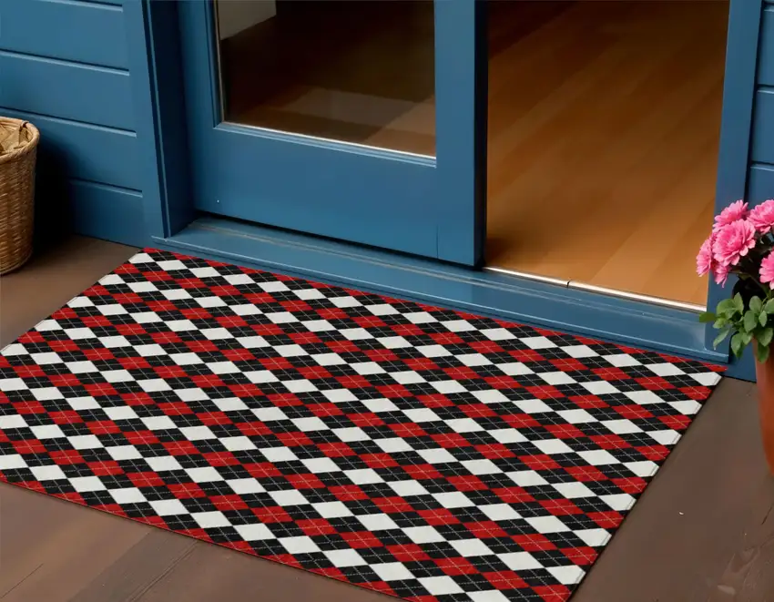 Black Red And White Argyle Washable Indoor Outdoor Area Rug Photo 2