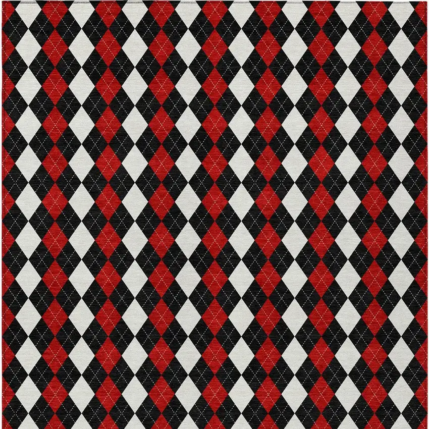 Black Red And White Argyle Washable Indoor Outdoor Area Rug Photo 3