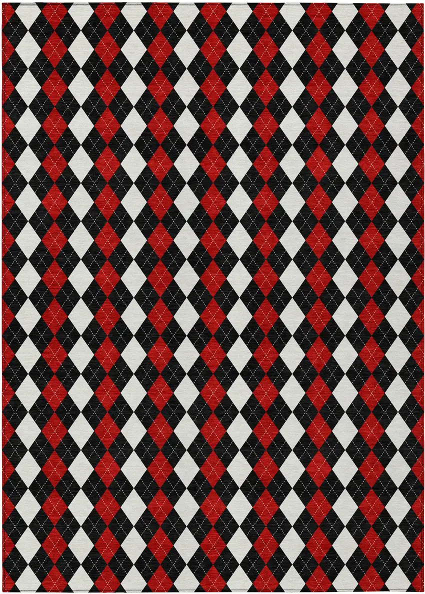 Black Red And White Argyle Washable Indoor Outdoor Area Rug Photo 1