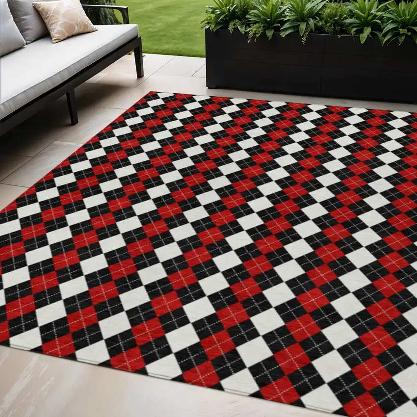 Black Red And White Argyle Washable Indoor Outdoor Area Rug Photo 2