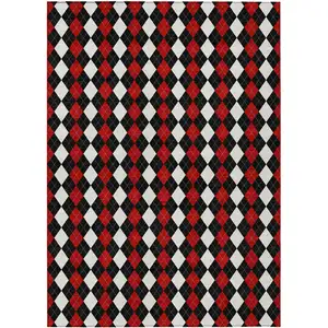 Photo of Black Red And White Argyle Washable Indoor Outdoor Area Rug
