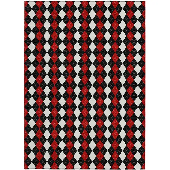 Black Red And White Argyle Washable Indoor Outdoor Area Rug Photo 3