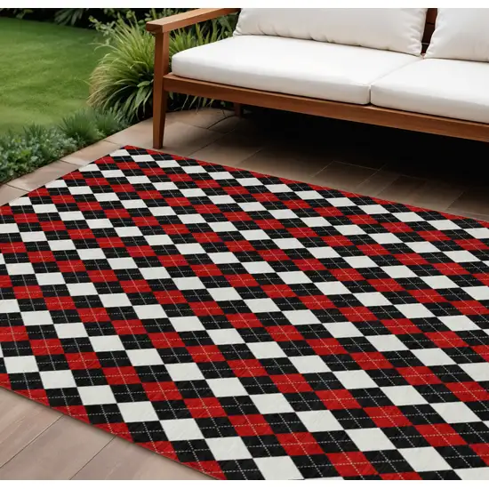 Black Red And White Argyle Washable Indoor Outdoor Area Rug Photo 2