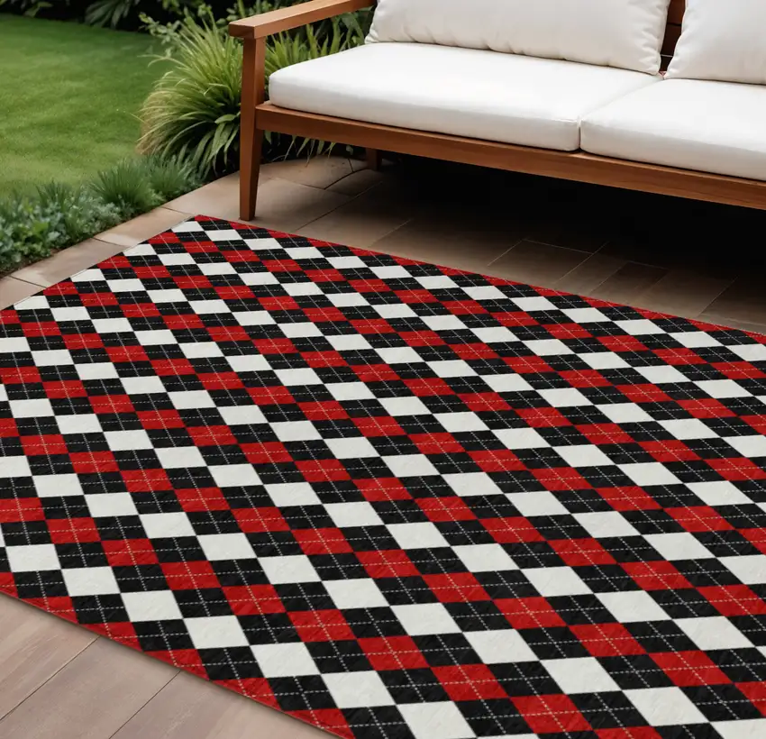 Black Red And White Argyle Washable Indoor Outdoor Area Rug Photo 2