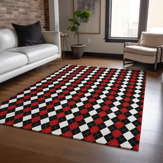 Black Red And White Argyle Washable Indoor Outdoor Area Rug Photo 6