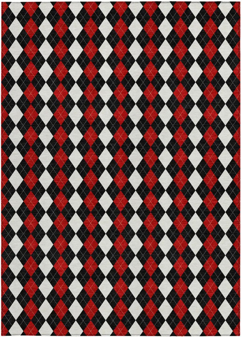 Black Red And White Argyle Washable Indoor Outdoor Area Rug Photo 3