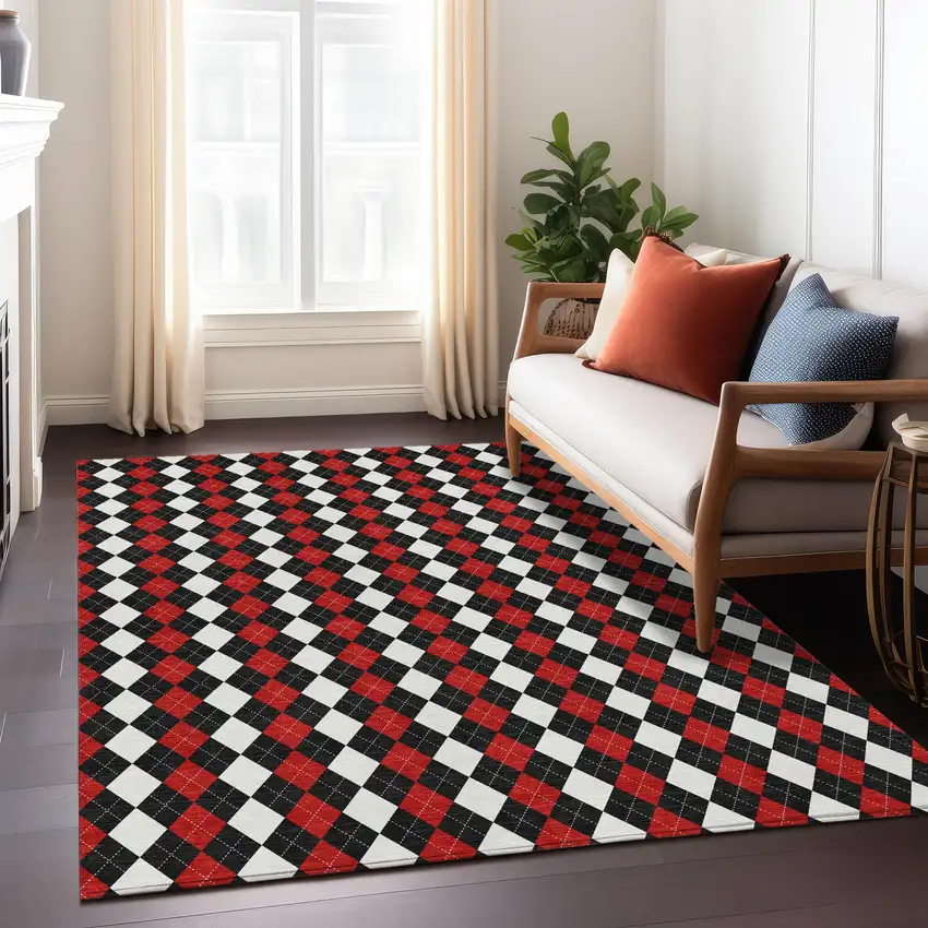 Black Red And White Argyle Washable Indoor Outdoor Area Rug Photo 7