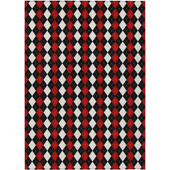 Black Red And White Argyle Washable Indoor Outdoor Area Rug Photo 1