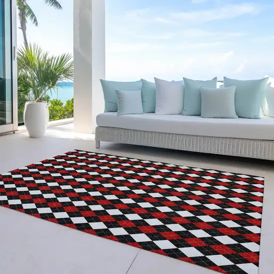 Black Red And White Argyle Washable Indoor Outdoor Area Rug Photo 5