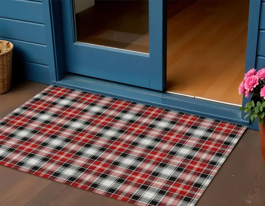 Black Red And White Plaid Washable Indoor Outdoor Area Rug Photo 2