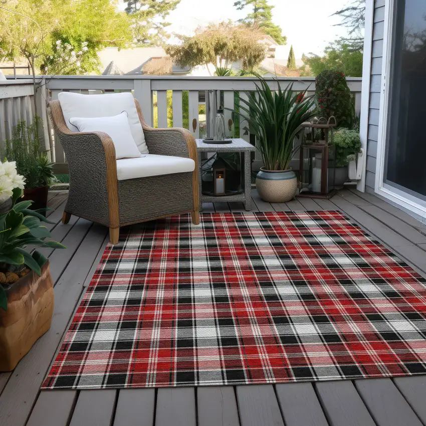 Black Red And White Plaid Washable Indoor Outdoor Area Rug Photo 8