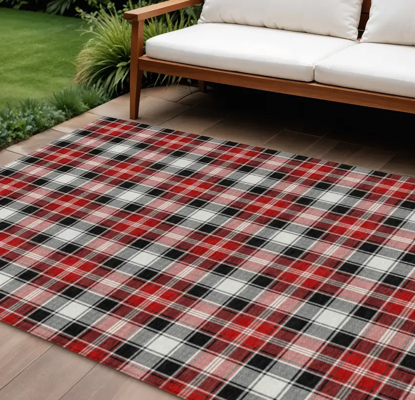 Black Red And White Plaid Washable Indoor Outdoor Area Rug Photo 2