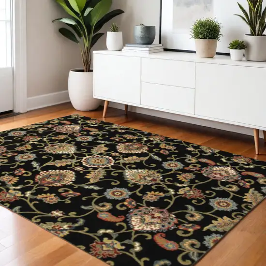 Black Red Green Ivory Salmon And Yellow Floral Power Loom Stain Resistant Area Rug Photo 1