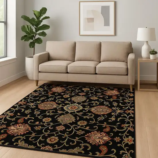 Black Red Green Ivory Salmon And Yellow Floral Power Loom Stain Resistant Area Rug Photo 1