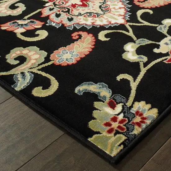Black Red Green Ivory Salmon And Yellow Floral Power Loom Stain Resistant Area Rug Photo 4