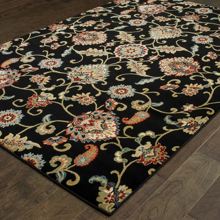 Black Red Green Ivory Salmon And Yellow Floral Power Loom Stain Resistant Area Rug Photo 5