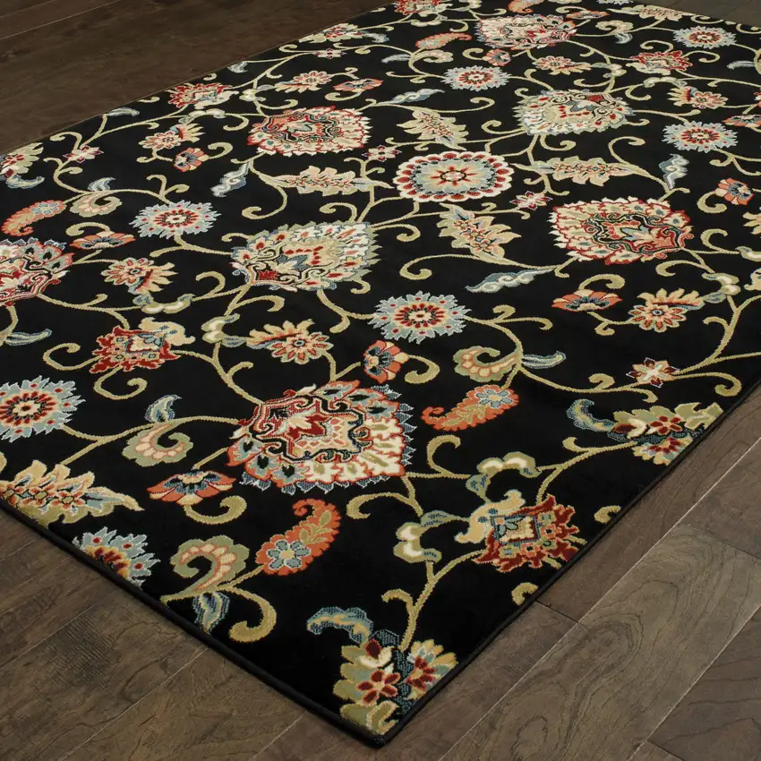 Black Red Green Ivory Salmon And Yellow Floral Power Loom Stain Resistant Area Rug Photo 5