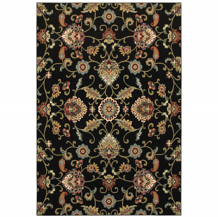 Black Red Green Ivory Salmon And Yellow Floral Power Loom Stain Resistant Area Rug Photo 2