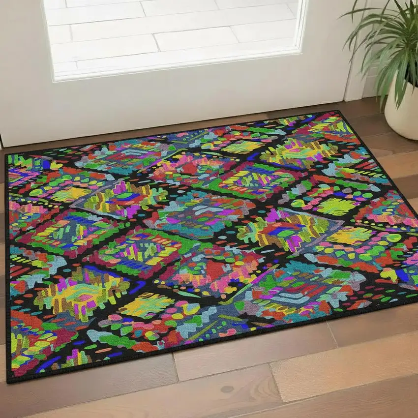 Black Red Pink And Green Geometric Washable Area Rug With UV Protection Photo 2